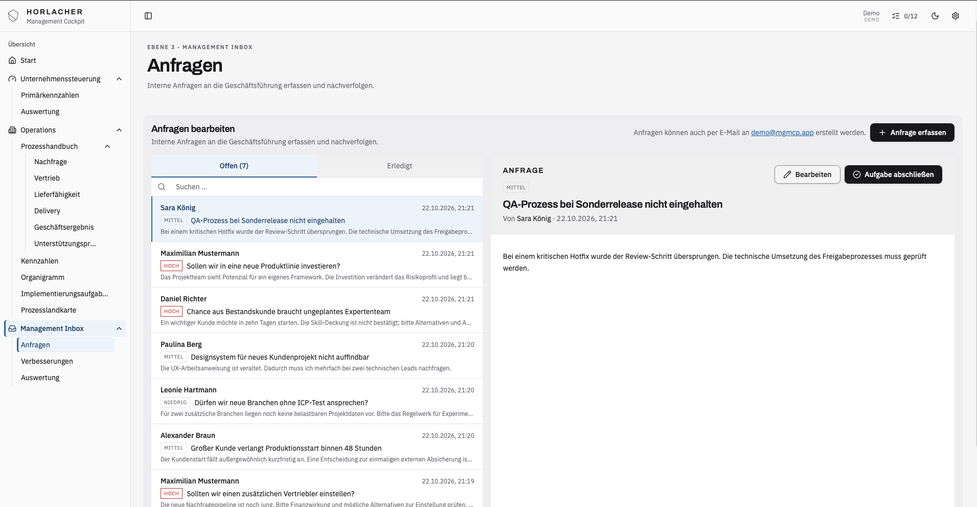 Management Inbox: interne Anfragen an die Geschäftsführung mit Priorität und Status